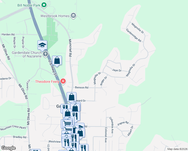 map of restaurants, bars, coffee shops, grocery stores, and more near 1620 Magnolia Street in Gardendale