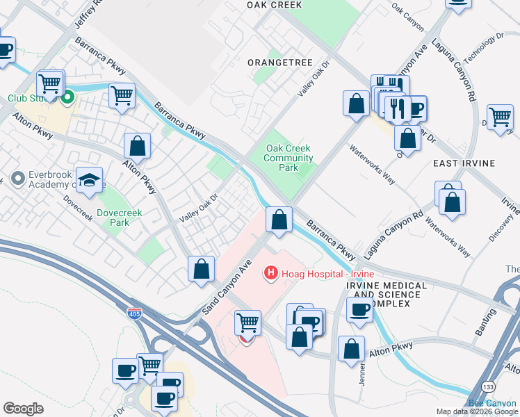 map of restaurants, bars, coffee shops, grocery stores, and more near 87 Alevera in Irvine