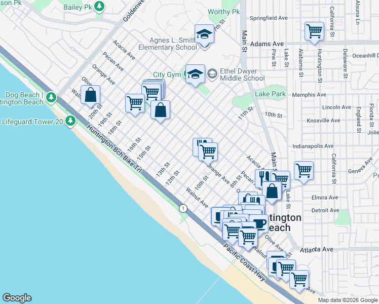 map of restaurants, bars, coffee shops, grocery stores, and more near 325 12th Street in Huntington Beach