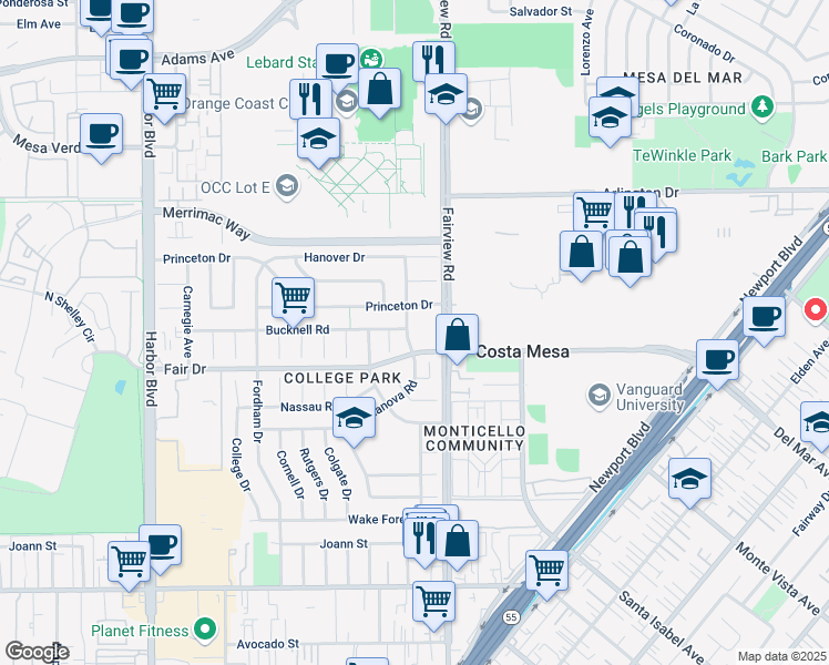 map of restaurants, bars, coffee shops, grocery stores, and more near 2532 Columbia Drive in Costa Mesa