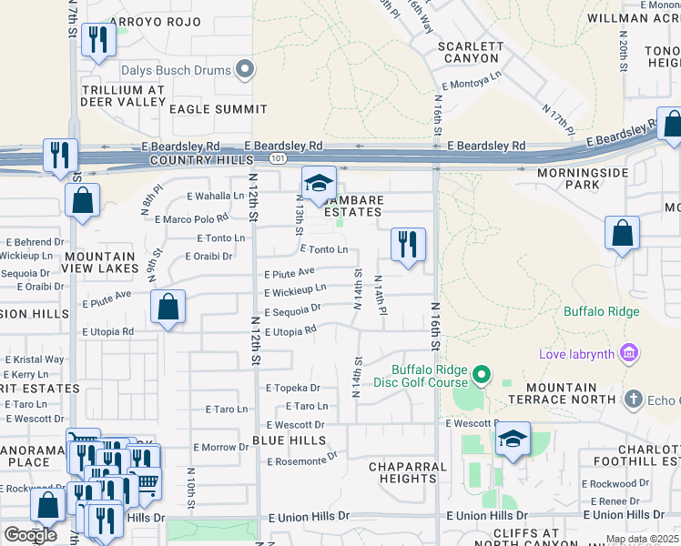map of restaurants, bars, coffee shops, grocery stores, and more near 1349 E Piute Ave in Phoenix