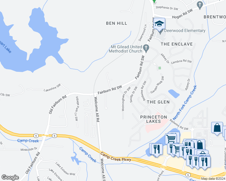 map of restaurants, bars, coffee shops, grocery stores, and more near 3306 Fairburn Road Southwest in Atlanta