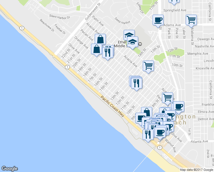 map of restaurants, bars, coffee shops, grocery stores, and more near 206 15th Street in Huntington Beach