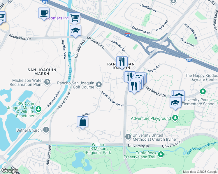 map of restaurants, bars, coffee shops, grocery stores, and more near 30 Navarre in Irvine