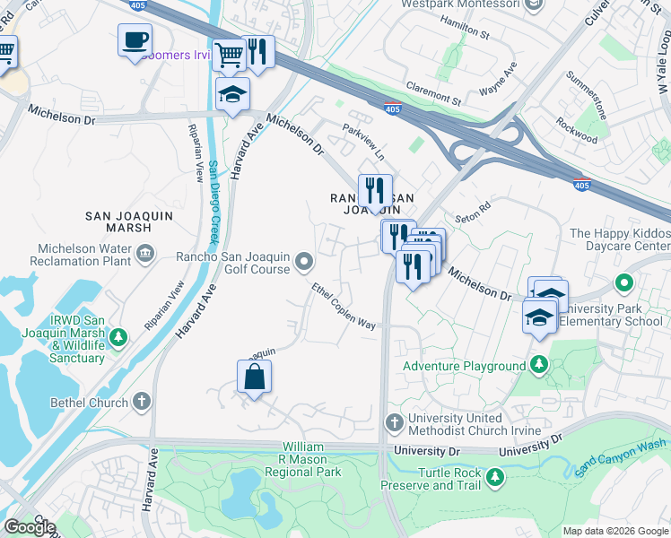 map of restaurants, bars, coffee shops, grocery stores, and more near 15 Morena in Irvine