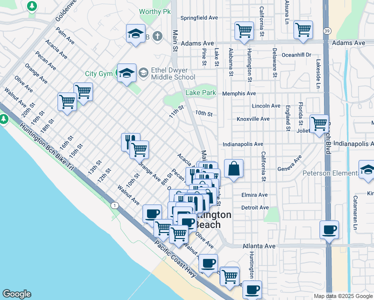 map of restaurants, bars, coffee shops, grocery stores, and more near 617 8th Street in Huntington Beach