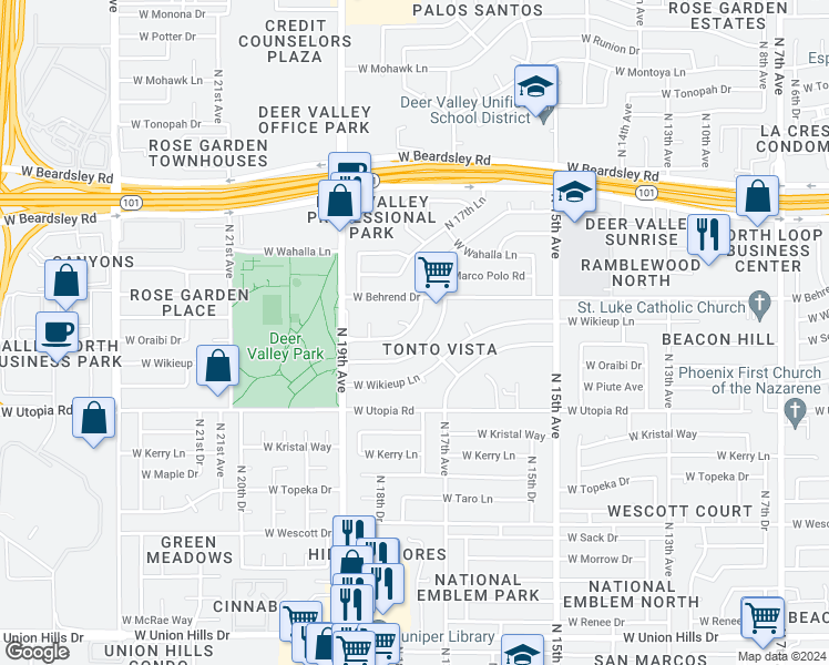 map of restaurants, bars, coffee shops, grocery stores, and more near 1729 West Tonto Lane in Phoenix