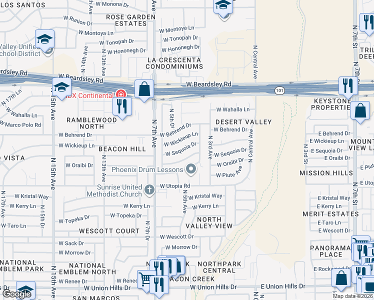 map of restaurants, bars, coffee shops, grocery stores, and more near 407 West Sequoia Drive in Phoenix
