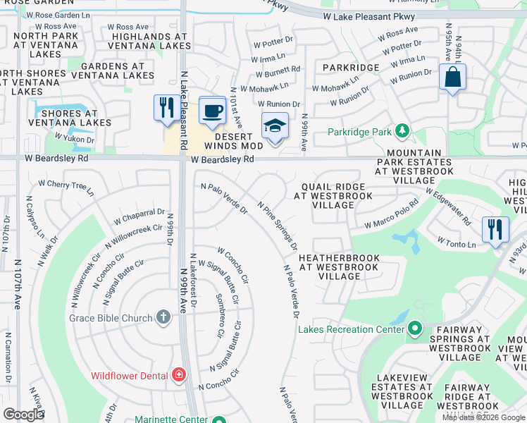 map of restaurants, bars, coffee shops, grocery stores, and more near 19826 North Pine Springs Drive in Sun City
