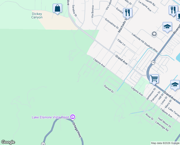 map of restaurants, bars, coffee shops, grocery stores, and more near 33340 Gisborne Street in Lake Elsinore