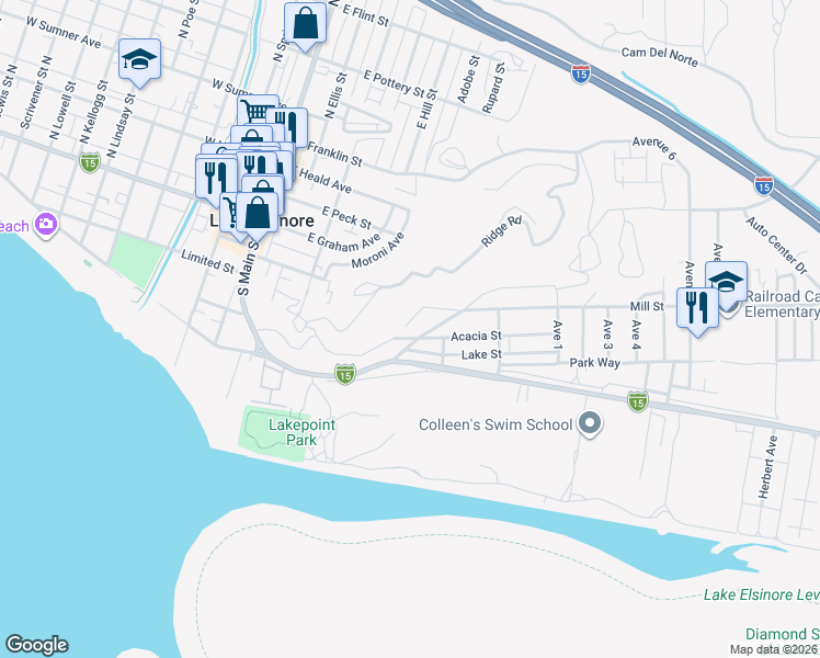 map of restaurants, bars, coffee shops, grocery stores, and more near Country Club Boulevard in Lake Elsinore