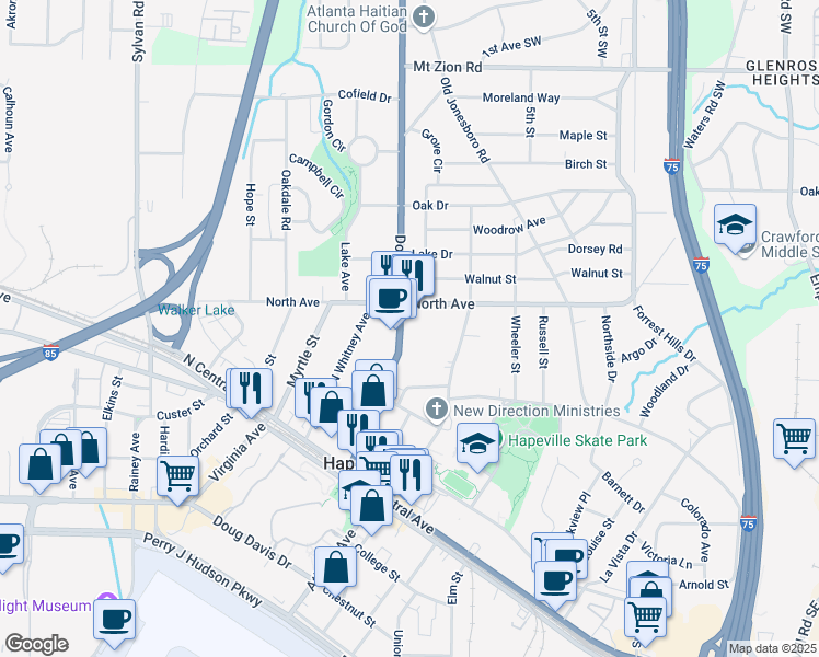 map of restaurants, bars, coffee shops, grocery stores, and more near 3288 Dogwood Drive in Hapeville