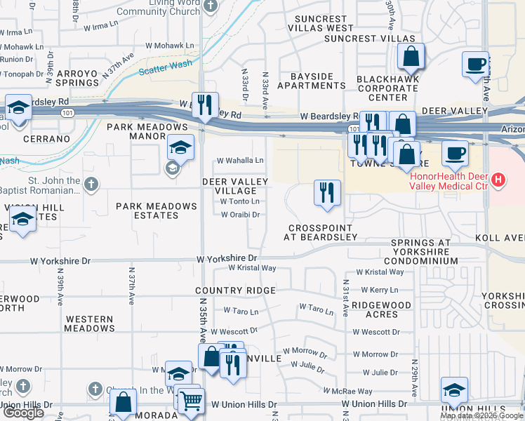 map of restaurants, bars, coffee shops, grocery stores, and more near 3302 W Oraibi Dr in Phoenix