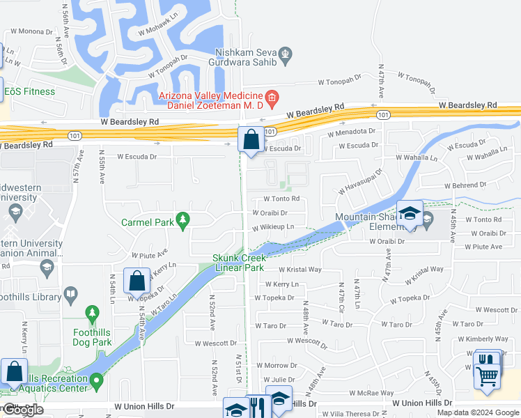 map of restaurants, bars, coffee shops, grocery stores, and more near 5018 West Oraibi Drive in Glendale