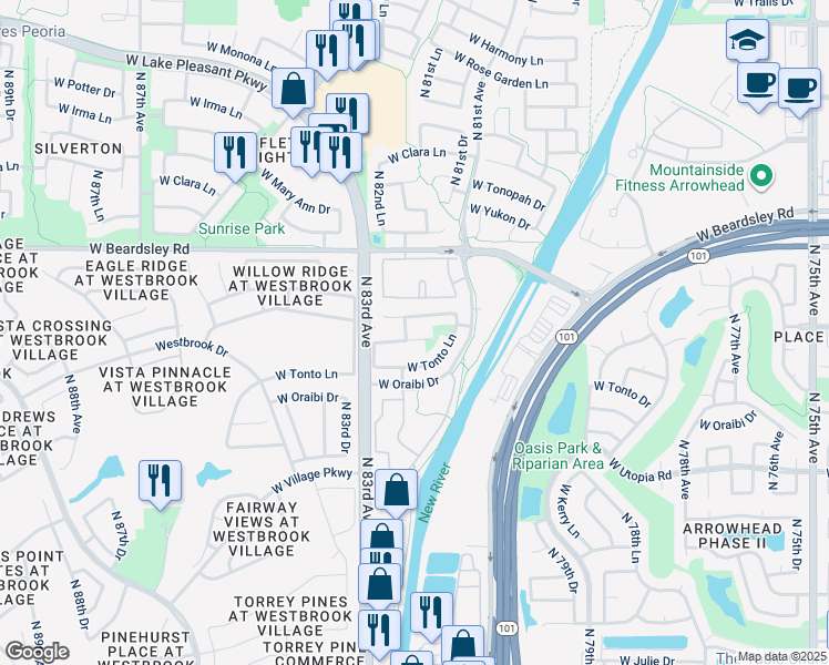 map of restaurants, bars, coffee shops, grocery stores, and more near 8198 West Behrend Drive in Peoria