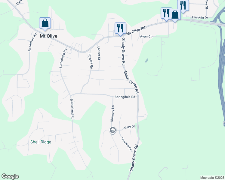 map of restaurants, bars, coffee shops, grocery stores, and more near 294 Pleasant Road in Mount Olive