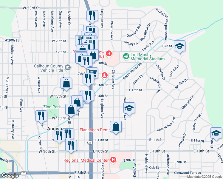 map of restaurants, bars, coffee shops, grocery stores, and more near 1516 Christine Avenue in Anniston
