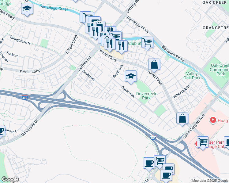 map of restaurants, bars, coffee shops, grocery stores, and more near 34 Poppy in Irvine