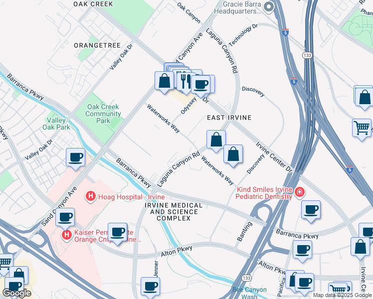 map of restaurants, bars, coffee shops, grocery stores, and more near 15825 Laguna Canyon Road in Irvine