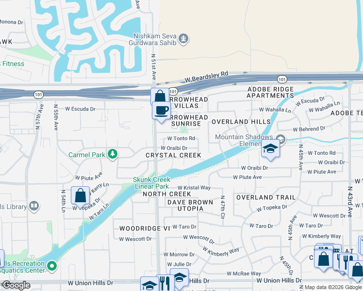 map of restaurants, bars, coffee shops, grocery stores, and more near 4938 West Oraibi Drive in Glendale