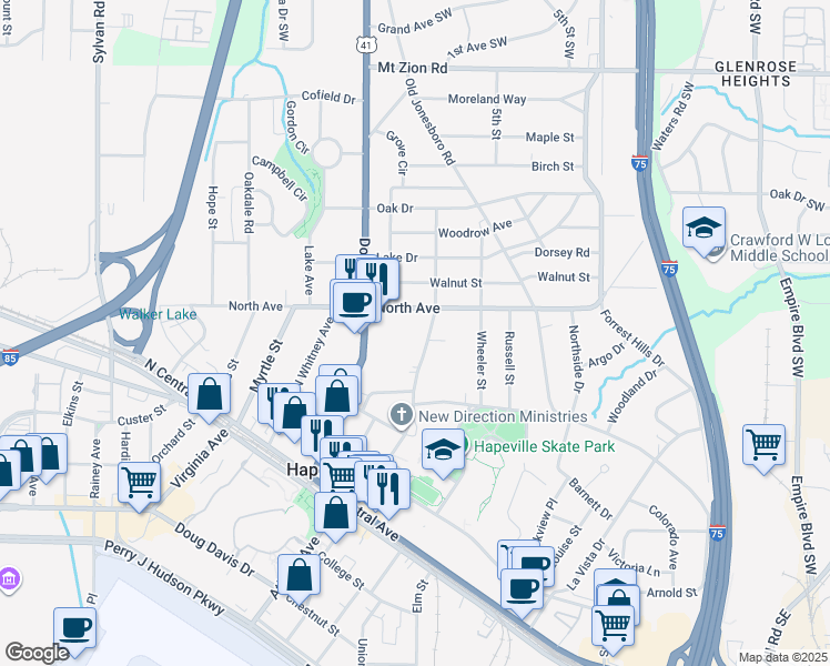 map of restaurants, bars, coffee shops, grocery stores, and more near 3219 North Fulton Avenue in Hapeville