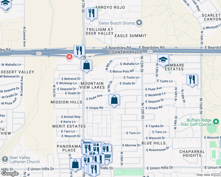 map of restaurants, bars, coffee shops, grocery stores, and more near 19619 North 9th Street in Phoenix