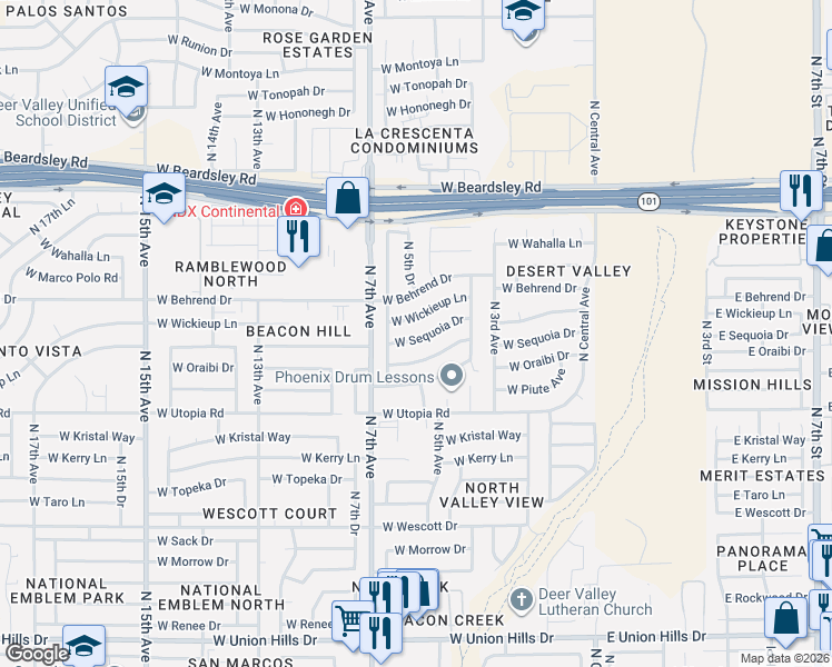 map of restaurants, bars, coffee shops, grocery stores, and more near 520 West Sequoia Drive in Phoenix