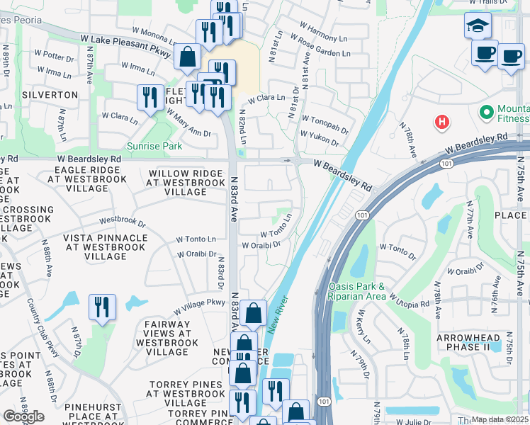 map of restaurants, bars, coffee shops, grocery stores, and more near 8198 West Behrend Drive in Peoria