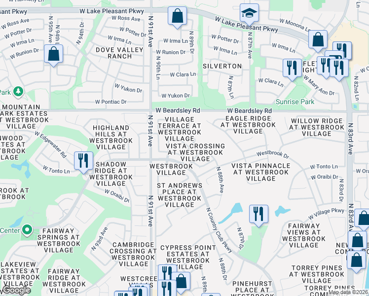 map of restaurants, bars, coffee shops, grocery stores, and more near 9021 West Marco Polo Road in Peoria