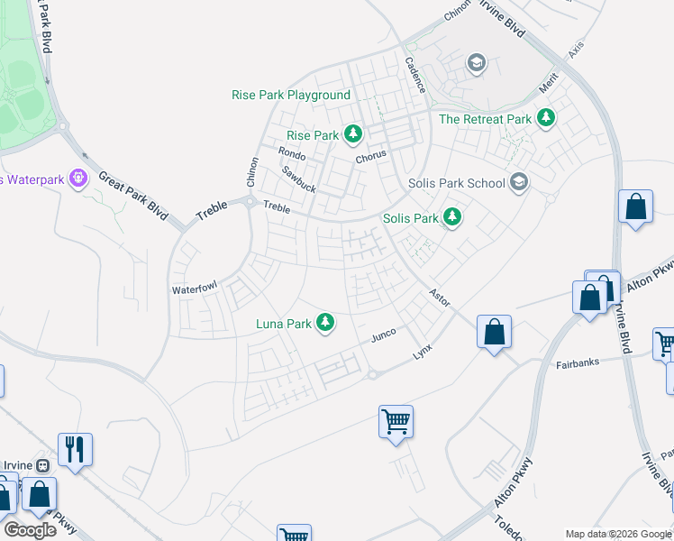 map of restaurants, bars, coffee shops, grocery stores, and more near Z Street in Irvine