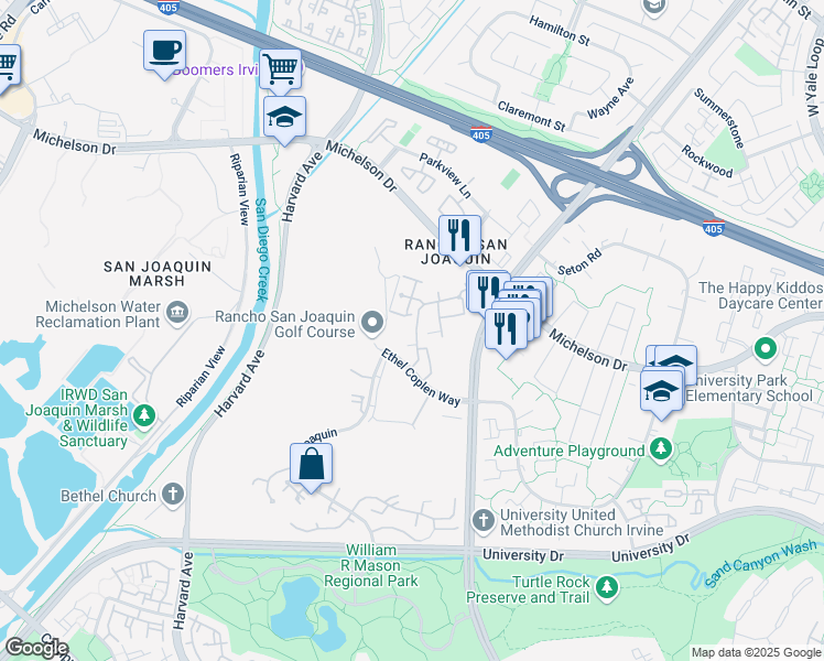 map of restaurants, bars, coffee shops, grocery stores, and more near 30 Navarre in Irvine