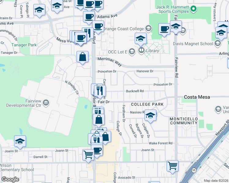 map of restaurants, bars, coffee shops, grocery stores, and more near 2530 Colby Place in Costa Mesa