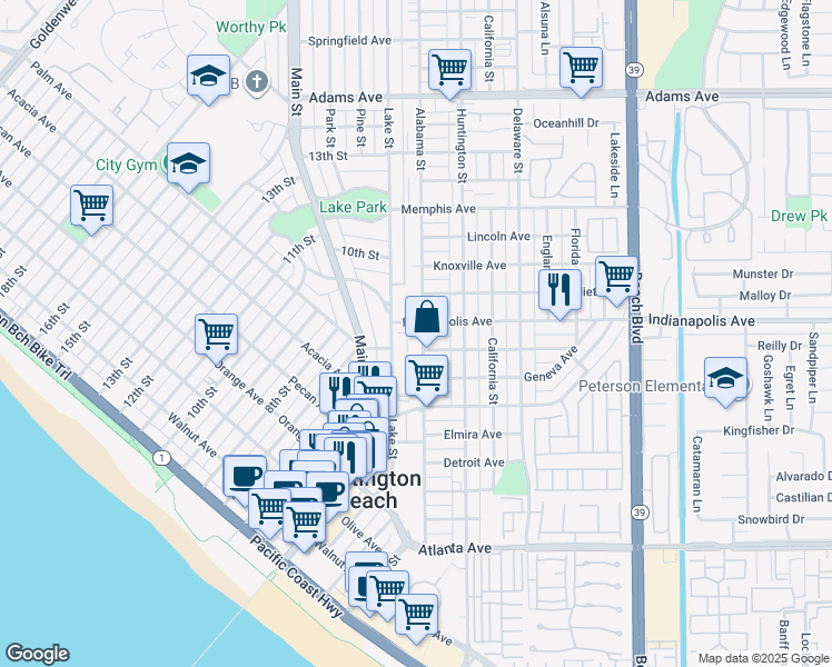 map of restaurants, bars, coffee shops, grocery stores, and more near 702 Lake Street in Huntington Beach