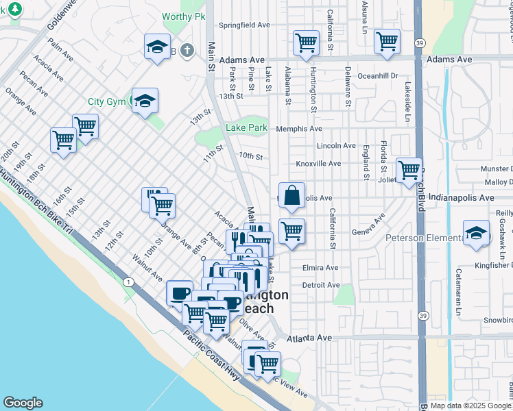 map of restaurants, bars, coffee shops, grocery stores, and more near 710 Main Street in Huntington Beach