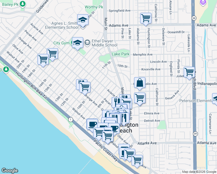 map of restaurants, bars, coffee shops, grocery stores, and more near 617 8th Street in Huntington Beach