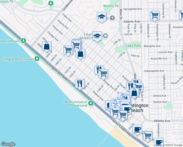 map of restaurants, bars, coffee shops, grocery stores, and more near 322 13th Street in Huntington Beach
