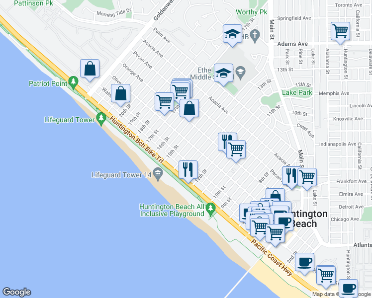 map of restaurants, bars, coffee shops, grocery stores, and more near 206 15th Street in Huntington Beach