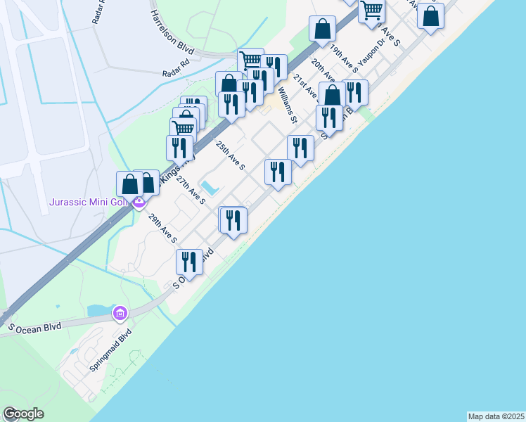map of restaurants, bars, coffee shops, grocery stores, and more near 2511 South Ocean Boulevard in Myrtle Beach