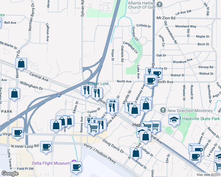 map of restaurants, bars, coffee shops, grocery stores, and more near 3317 Stillwood Lane in Hapeville