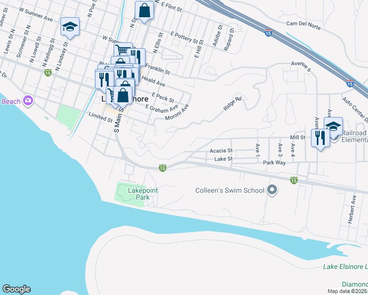 map of restaurants, bars, coffee shops, grocery stores, and more near in Lake Elsinore
