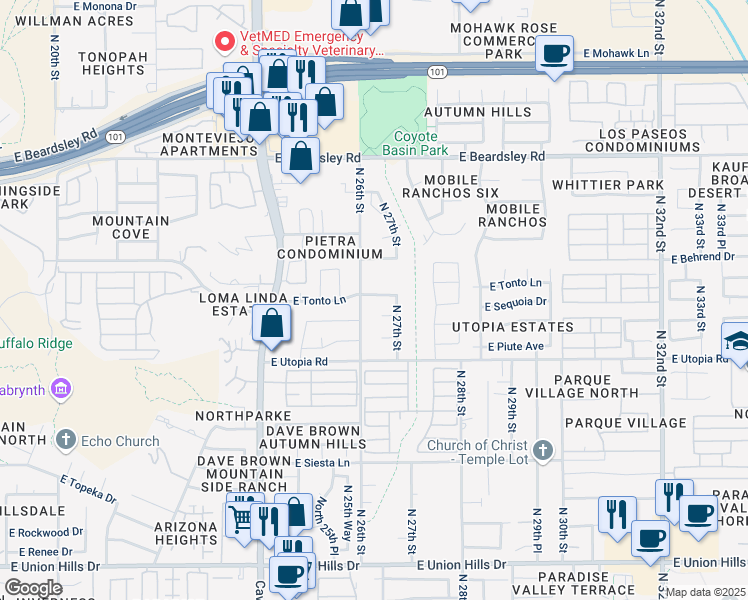 map of restaurants, bars, coffee shops, grocery stores, and more near 2609 East Tonto Lane in Phoenix