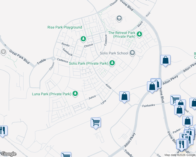 map of restaurants, bars, coffee shops, grocery stores, and more near 224 Lexford in Irvine