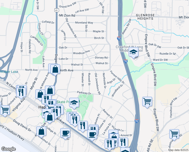 map of restaurants, bars, coffee shops, grocery stores, and more near 3317 Old Jonesboro Road in Hapeville