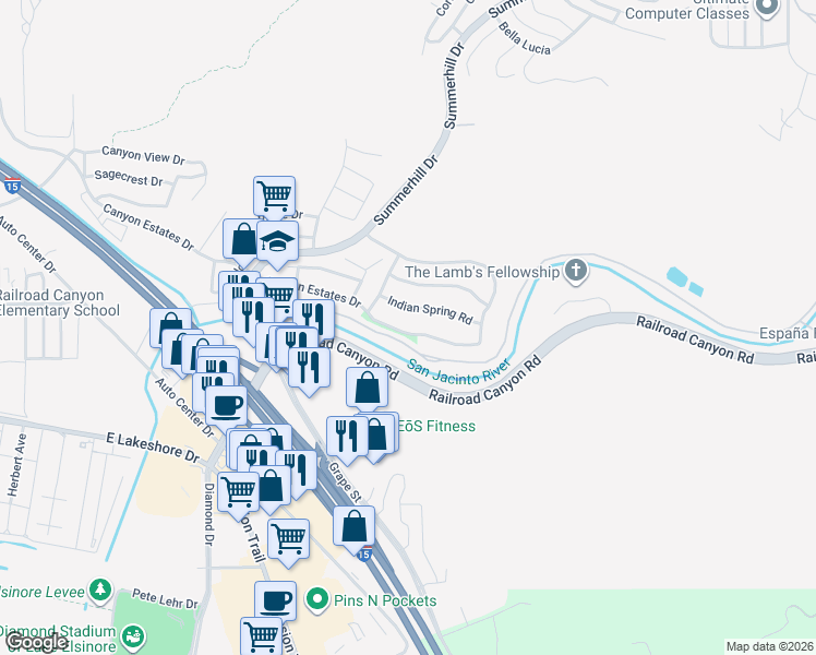 map of restaurants, bars, coffee shops, grocery stores, and more near 31728 Canyon Ridge Drive in Lake Elsinore