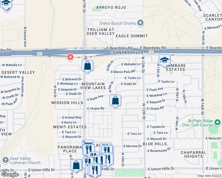 map of restaurants, bars, coffee shops, grocery stores, and more near 19619 North 9th Street in Phoenix