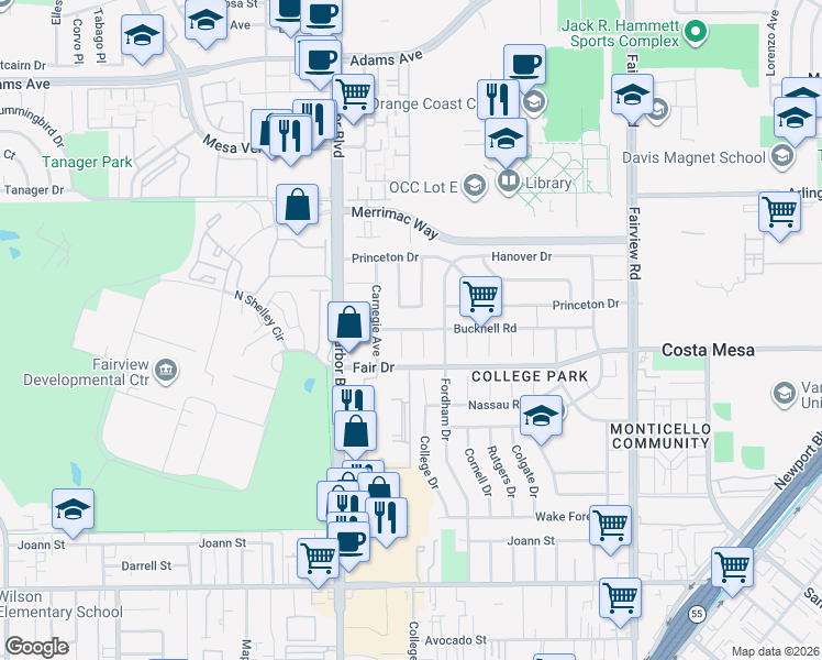 map of restaurants, bars, coffee shops, grocery stores, and more near 2530 Colby Place in Costa Mesa