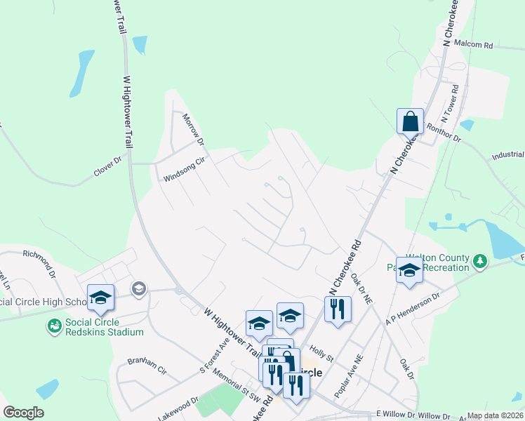 map of restaurants, bars, coffee shops, grocery stores, and more near 931 Park Place Street in Social Circle