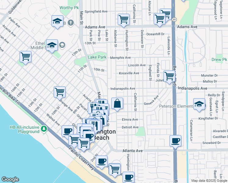 map of restaurants, bars, coffee shops, grocery stores, and more near 811 Alabama Street in Huntington Beach