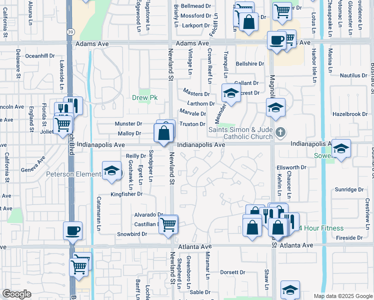 map of restaurants, bars, coffee shops, grocery stores, and more near 8933 Modesto Circle in Huntington Beach