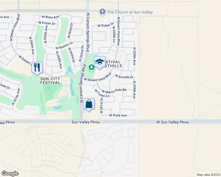 map of restaurants, bars, coffee shops, grocery stores, and more near 19907 North 260th Glen in Buckeye